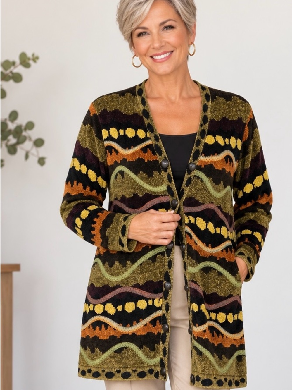 Vintage 90s Periwinkle Cardigan ~Size S Chenille Earthy Multicolor Button Front